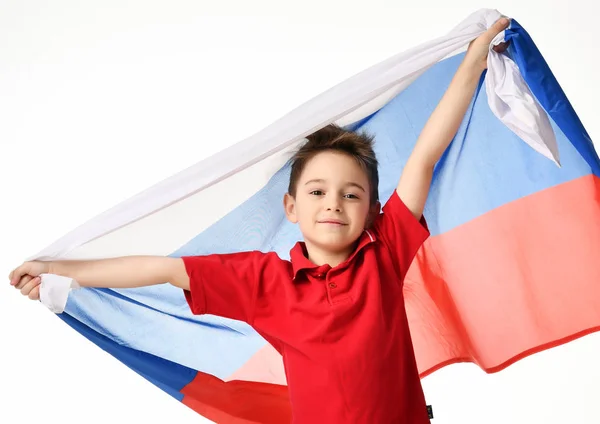 Fan sport boy patriot hold national russian flag celebrating happy smiling laughing free text copy space — Stock Photo, Image