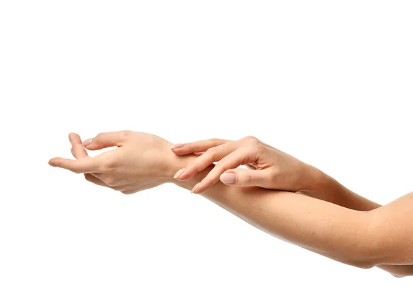 Beautiful woman hands with french manicure nails — Stock Photo, Image