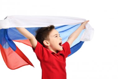 Fan spor çocuk vatansever Rus bayrağı kutluyor mutlu gülmek serbest metin kopya alanı gülümseyen tutun