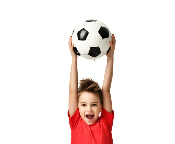 Torcedor esporte menino jogador segurar bola de futebol celebrando feliz sorrindo rindo espaço livre texto cópia — Fotografia de Stock