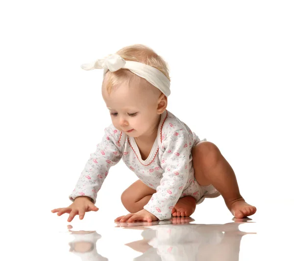 10 month infant child baby  girl toddler sitting in white shirt isolated — Stock Photo, Image