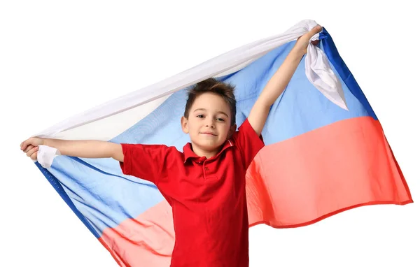 Ανεμιστήρας αθλητισμού αγόρι πατριώτης κατέχουν εθνική ρωσική σημαία γιορτάζει ευτυχής χαμογελαστοί γέλιο χώρο αντίγραφο ελεύθερου κειμένου — Φωτογραφία Αρχείου