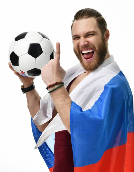 Happy man soccer fan wearing Russian flag and show number one winning finger smiling celebrating — Stock Photo, Image