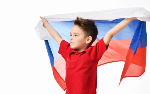 Fan sport boy patriot hold national russian flag celebrating happy smiling laughing free text copy space — Stock Photo, Image