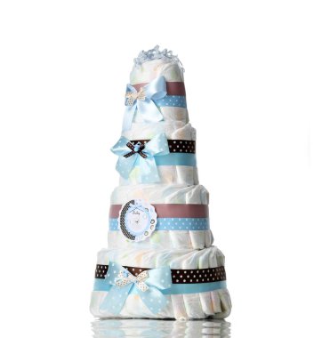 Diapers cake four leveled diaper cake with blue ribbons and bows for baby boy infant isolated clipart