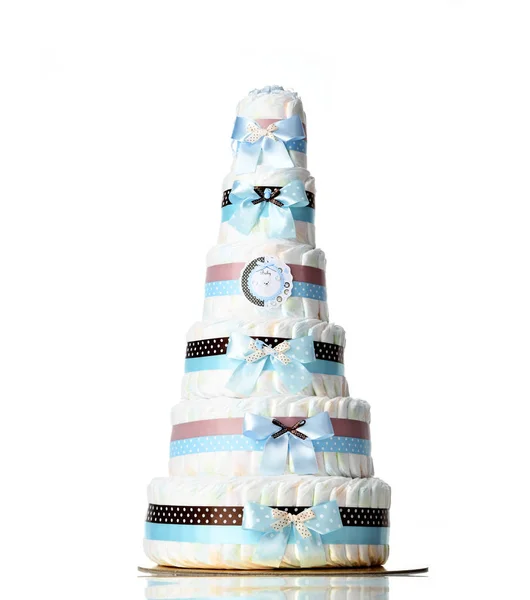 Diapers cake six leveled diaper cake with blue ribbons and bows for baby boy infant isolated — Stock Photo, Image