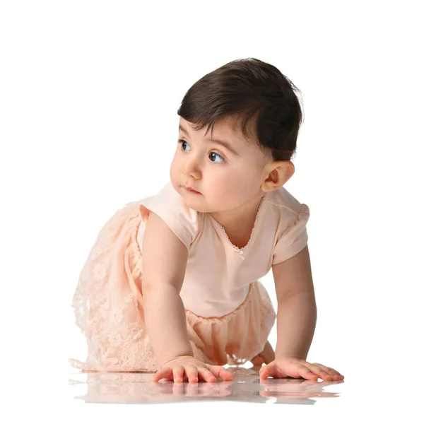 8 місяців немовля дитяча дівчинка малюк повзає в сукні думаючи про щасливий сміх ізольовано — стокове фото