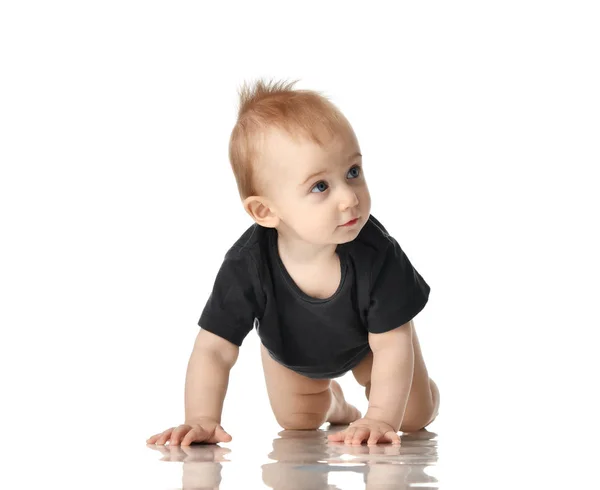 Niño de 9 meses bebé niña pequeño arrastrándose en camisa gris oscuro aislado — Foto de Stock