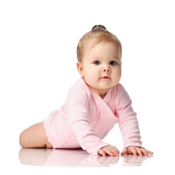 8 month infant child baby girl toddler lying in white shirt — Stock Photo, Image