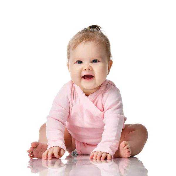 8 month infant child baby girl toddler sitting in pink shirt happy smiling isolated on a white — Stock Photo, Image