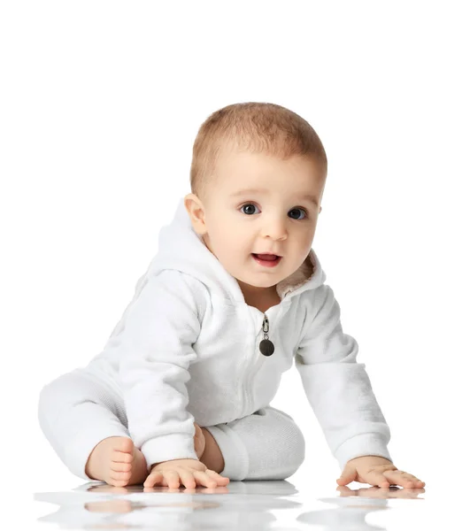 7 month infant child baby boy kid toddler sitting in white shirt — Stock Photo, Image