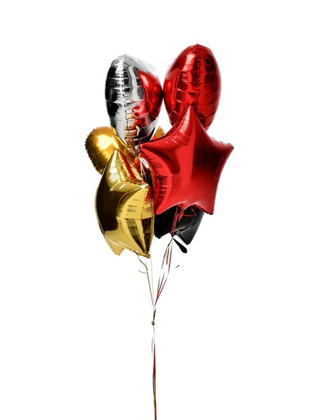 Bunch of big red silver black and gold heart   star balloons objects for birthday party isolated on a white — Stock Photo, Image