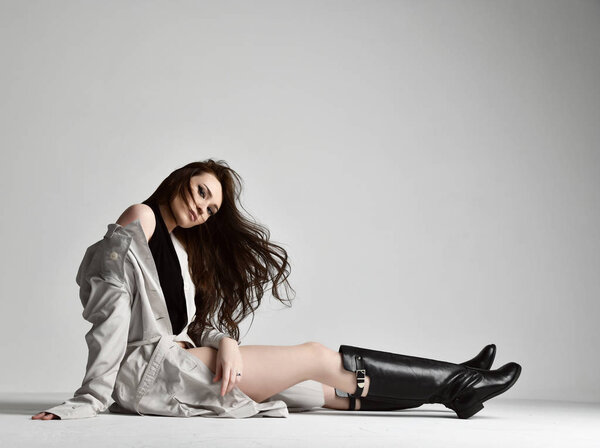 hipster woman posing inspiring jacket and winter boots black and white picture 