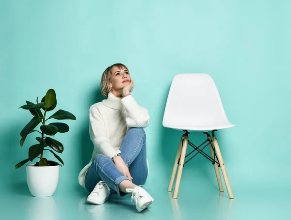 Lady in sweater, jeans, sneakers. Smiling, propping her face, sitting on floor between chair and ficus, posing on blue background — Stock Photo, Image