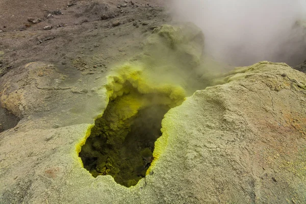 Yellow fumaroles and volcanic rocks. Kamchatka Peninsula.