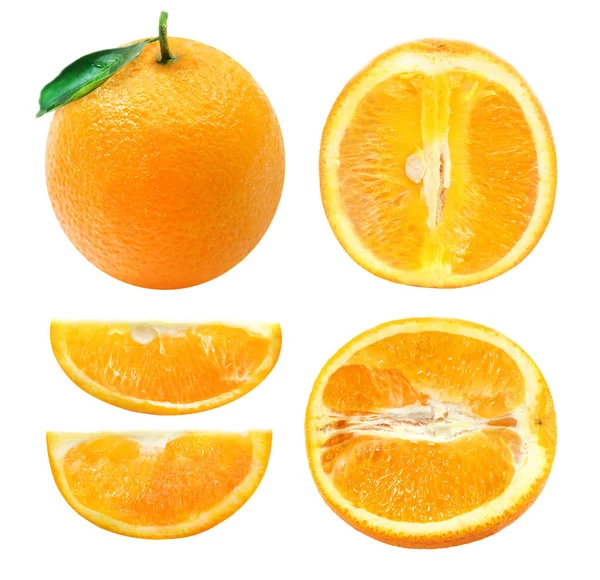 Sammlung von ganzen und in Scheiben geschnittenen Orangenfrüchten — Stockfoto