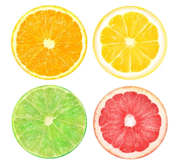 Szelet narancs, rózsaszín grapefruit, lime és citrom — Stock Fotó