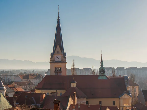 James Church Clock Bell Tower Spire Ljubljana City Rooftop Panoramic — Stock Photo, Image