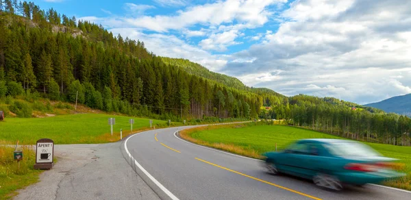 Percorso Autostradale Curva Che Attraversa Montagne Alberi Pineta Sentiero Sinuoso — Foto Stock