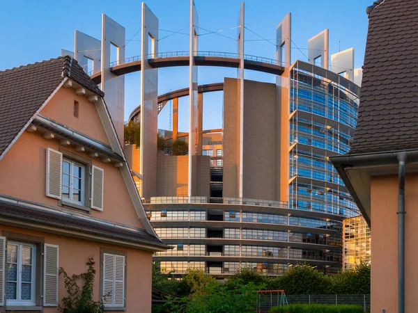 European Union Parliament government institution office building closeup details in France, Strasbourg, Europe. Modern euro law, democracy, politics EU community meeting, sitting famous place. Political structure building exterior at sunset, sunrise.