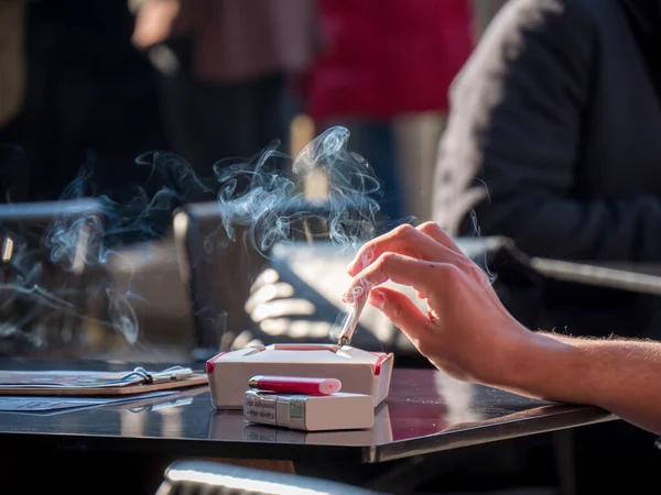 Woman Smoker Smoking Cigarette Holding Tray Ashtray Pack Laying Table — Stock Photo, Image