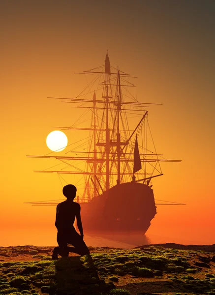 Boy and sailing boat — Stock Photo, Image