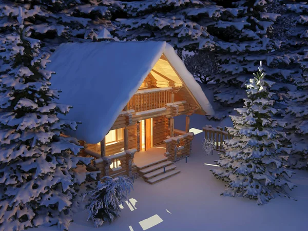 Drewniany dom, 3d render — Zdjęcie stockowe