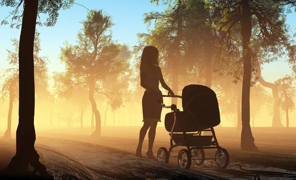 La mujer con un carro de bebé — Foto de Stock