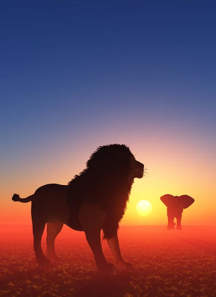Lion et éléphant — Photo