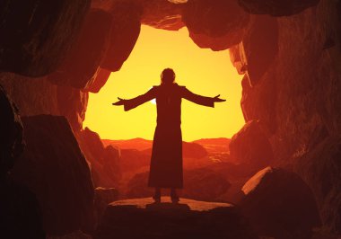 3D mağarada dua eden adam.