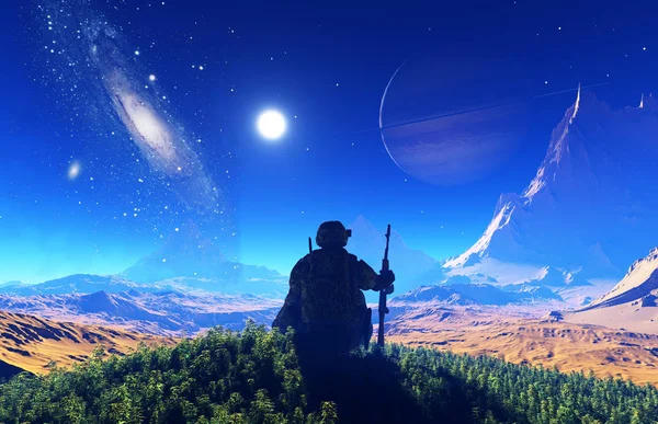 Soldado Fondo Del Cielo Estrellado Render — Foto de Stock