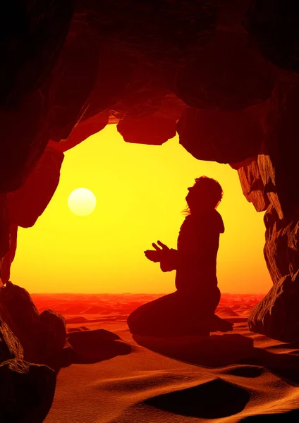 Muž Modlí Jeskyni Vykreslení — Stock fotografie