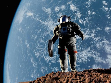 Gezegen üzerinde yürüyen bavullu bir astronot, 
