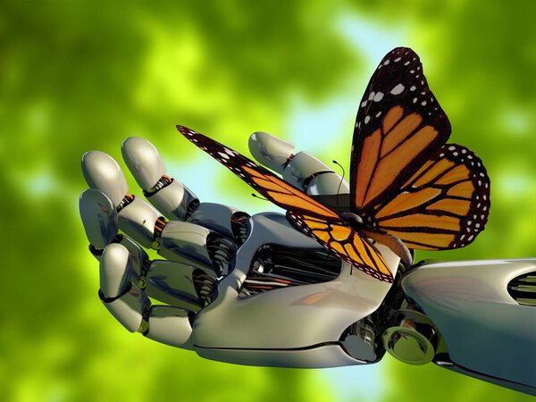 The mechanical arm and a butterfly.,3d render