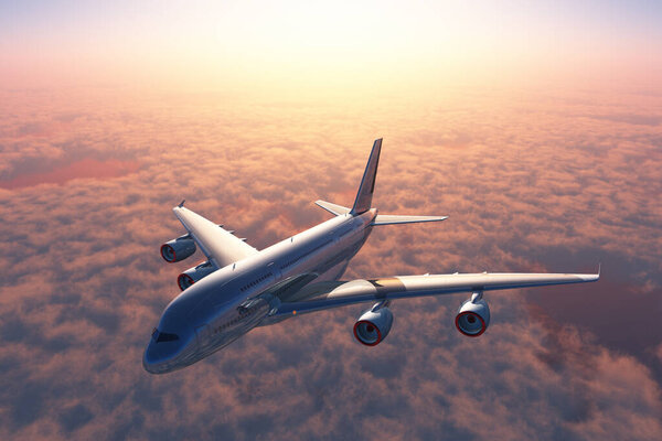 Пассажирский самолет над облаками. 3D рендеринг