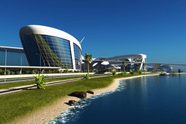 Modern ev üzerinde plaj., 3d rende