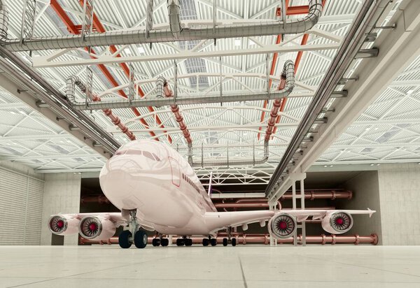 The passenger aircraft in the hangar. 3d render
