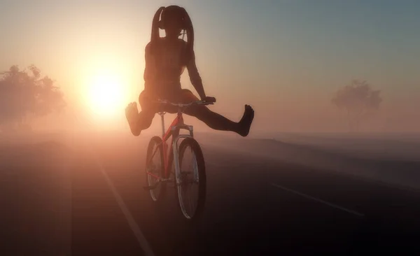 陽気な女の子が砂漠で自転車に乗っています — ストック写真