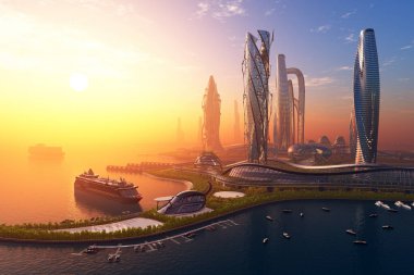 Arkadaki gökyüzünde modern bina, 3D görüntüleme