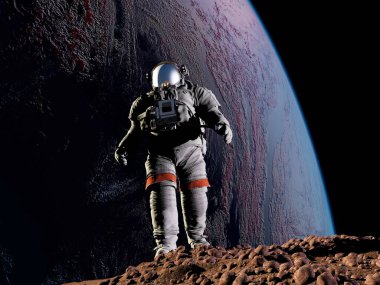 Gezegenin arka planındaki astronot 3D görüntüleme...