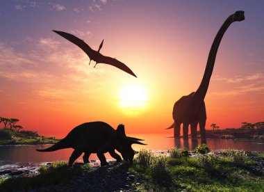 Renkli gökyüzünün arka planında dev bir dinozor var.