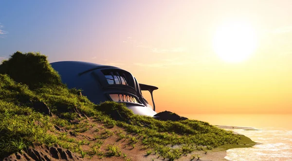 海岸の未来的な家3Dレンダリング — ストック写真