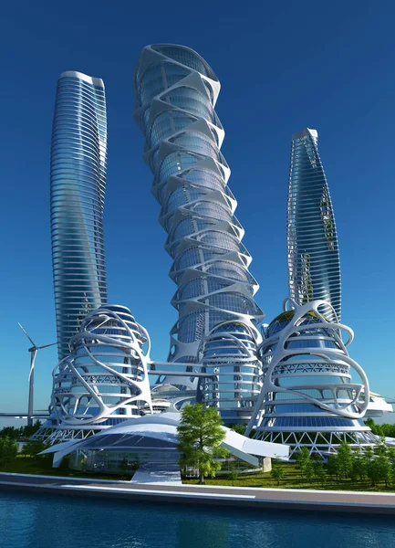 Future City Sulla Costa Rendering — Foto Stock