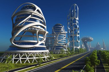 Modern şehrin Sky kazıyıcılar karaya.3d render