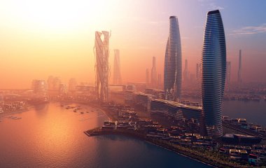 Arkadaki gökyüzünde modern bina, 3D görüntüleme