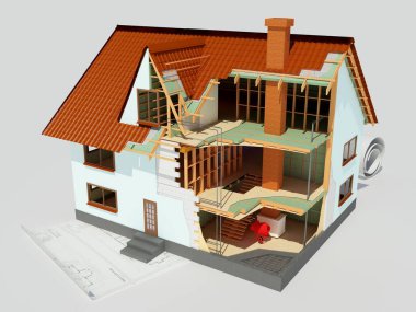 Beyaz arka plandaki model kulübe, 3D görüntüleme.