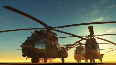 Bir grup askeri helikopter. 3D görüntüleme.
