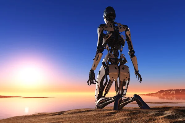 Robot Femme Sur Fond Coucher Soleil Coloré Render — Photo