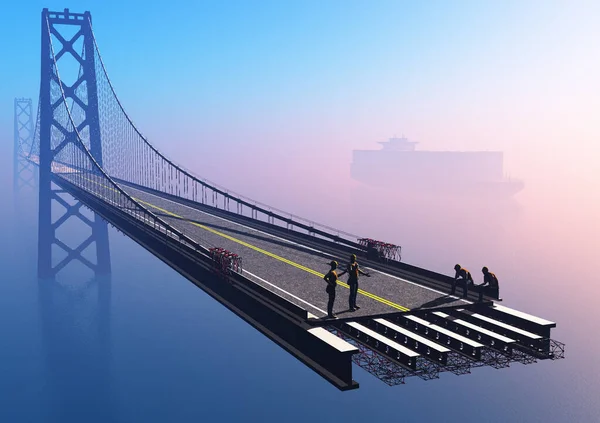一群工人在桥上 3D渲染 — 图库照片