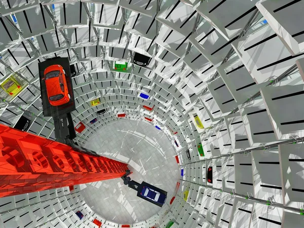 带有汽车的高层车库 3D渲染 — 图库照片